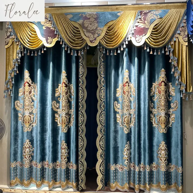 

New European Style Luxury Velvet Curtains for Living Room Bedroom and Villa High-end Blackout Blue Curtain Customized Tulle