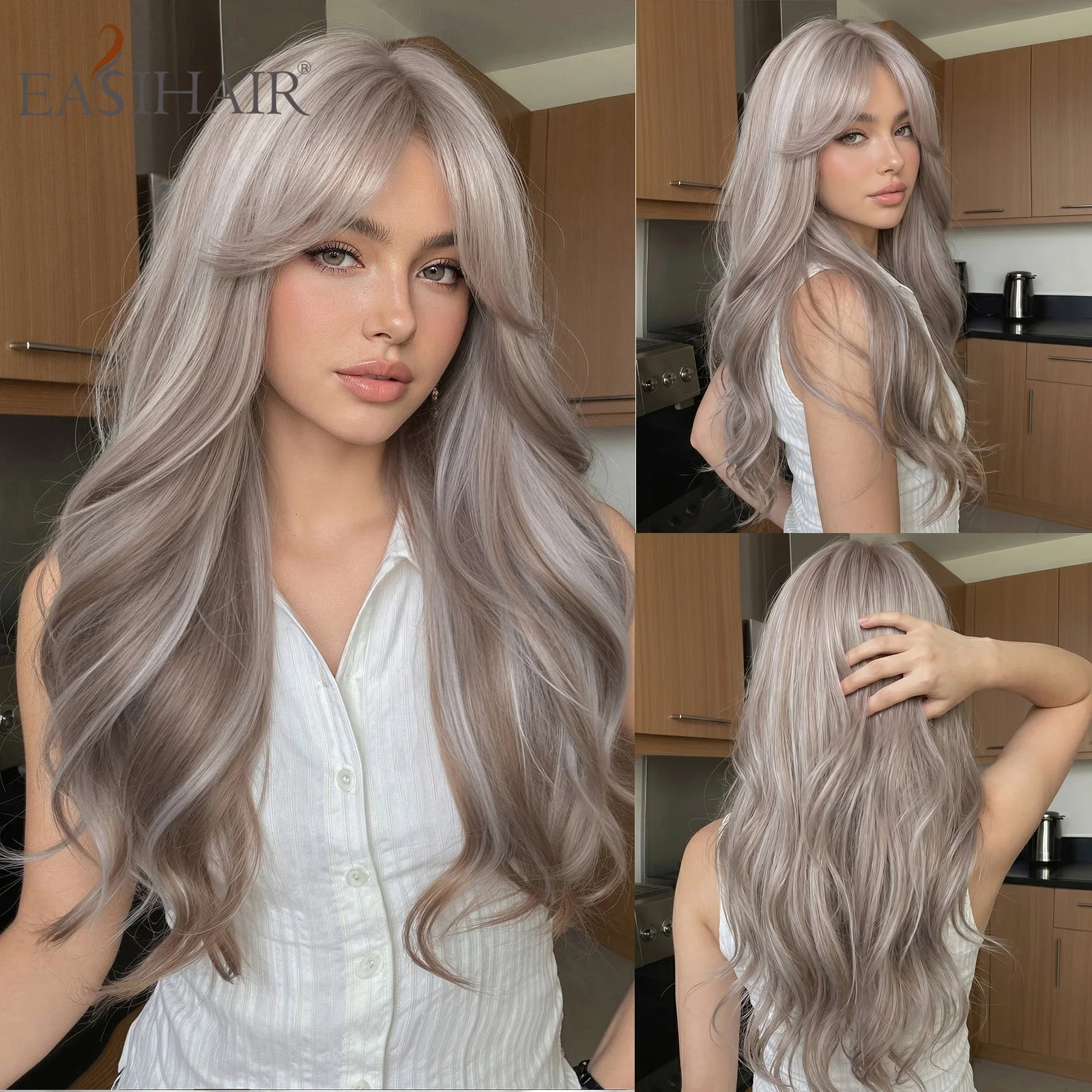 

EASIHAIR Long Wavy Grey Synthetic Wigs with Curtain Bangs Ombre Dusty Rose Heat Resistant Fiber Hair for Women Daily Cosplay