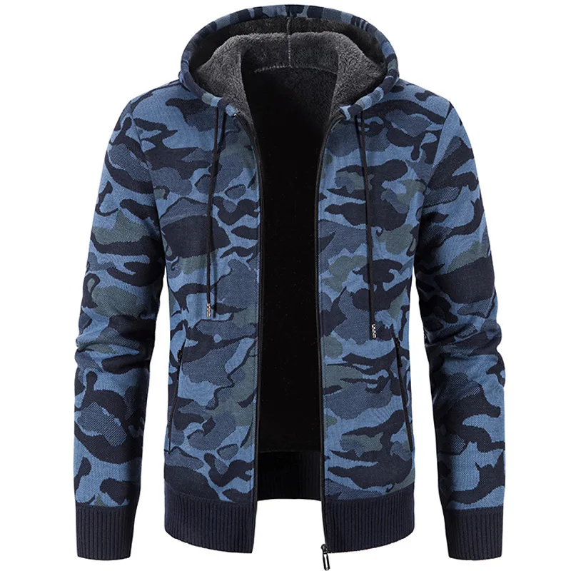 Men Winter Thick Fleece Camouflage Sweater Hooded Cardigan Slim Fit Knitted Sweaters Jacket Male Outwear Warm Sweatercoat