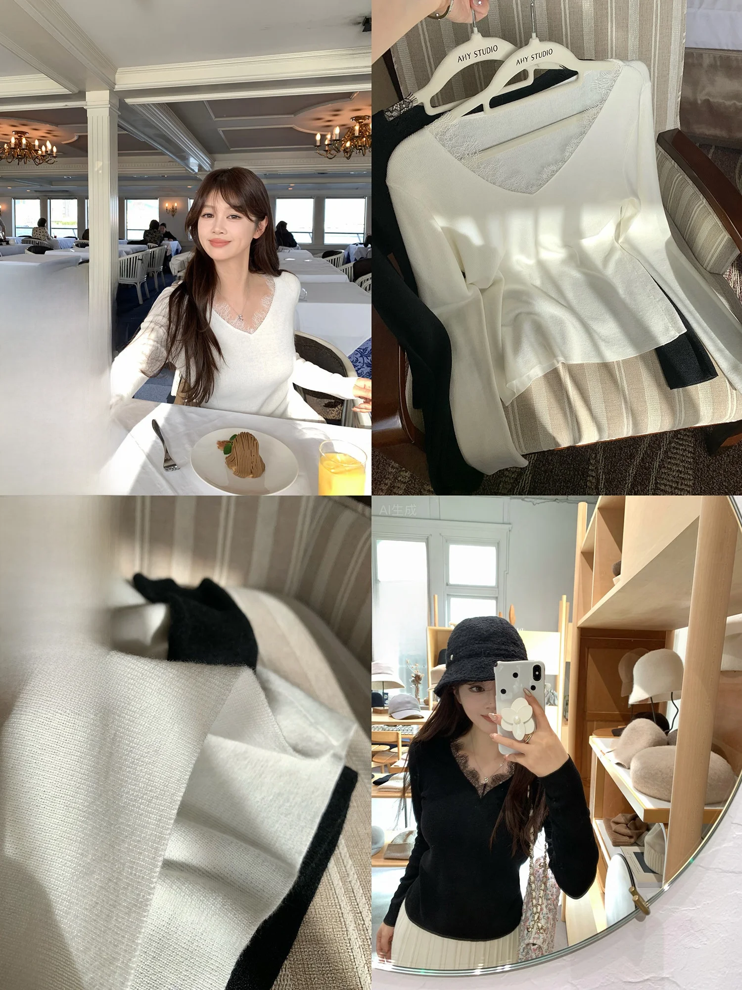 

AHY 6 Wool Simple Basic V-ne Lace Splicing Knitted Long Sve Base irt New Arrival Women's T-irt Stand Fit Knitwear