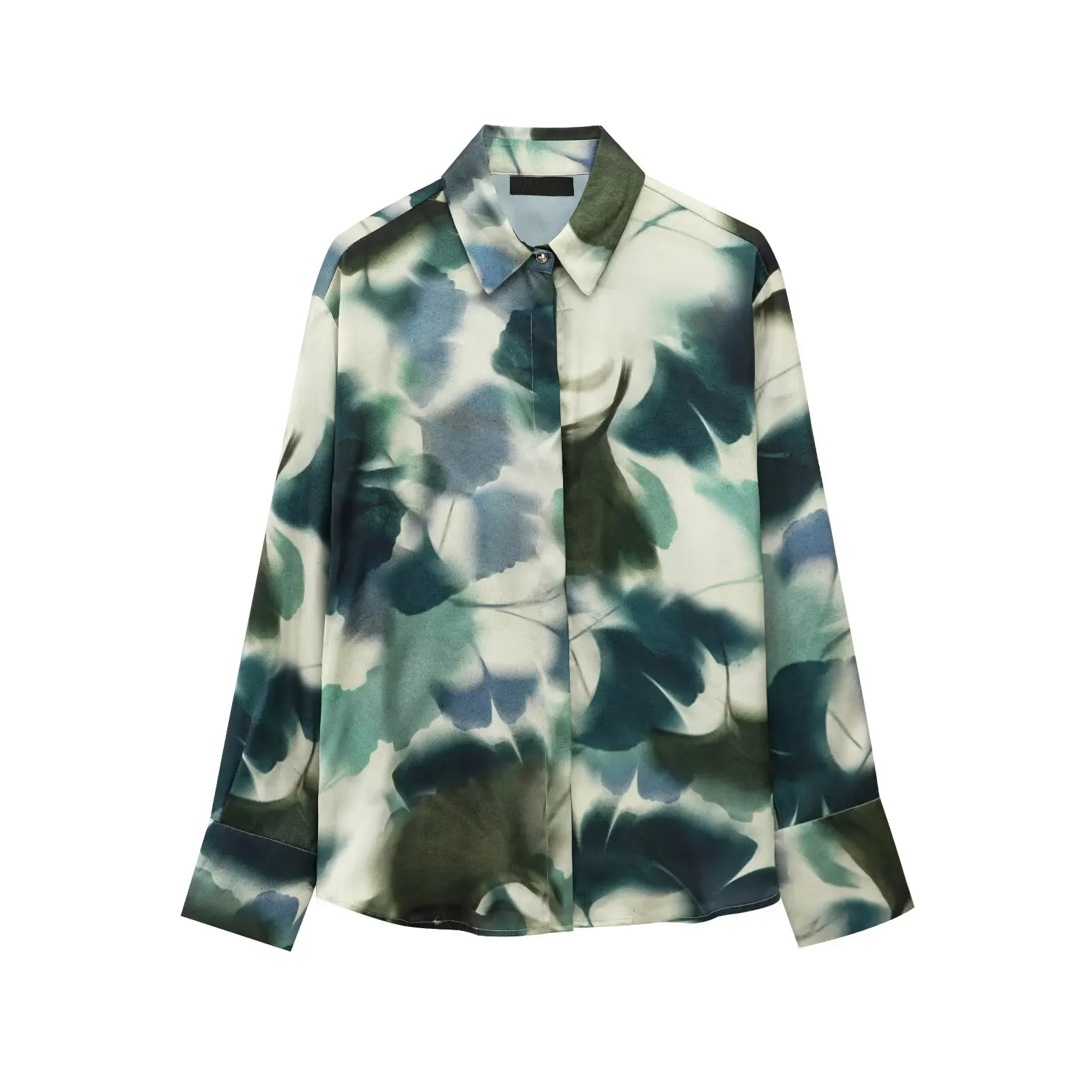 

TRAF Women 2025 Spring New Fashion Tongle Style Silk Satin Texture Printed Shirt Chic Lapel Button Casual Top Blouses Mujer