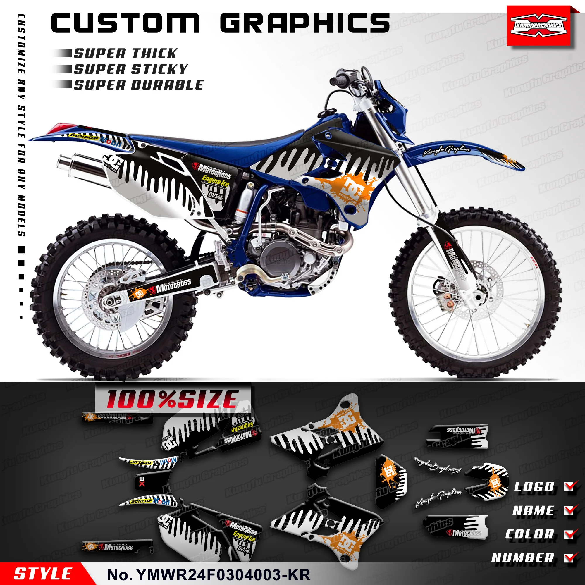 

KUNGFU GRAPHICS Motorcycle Decals UV-resistant Vinyl for Yamaha WR250F WR450F 2003 2004, YMWR24F0304003-KR