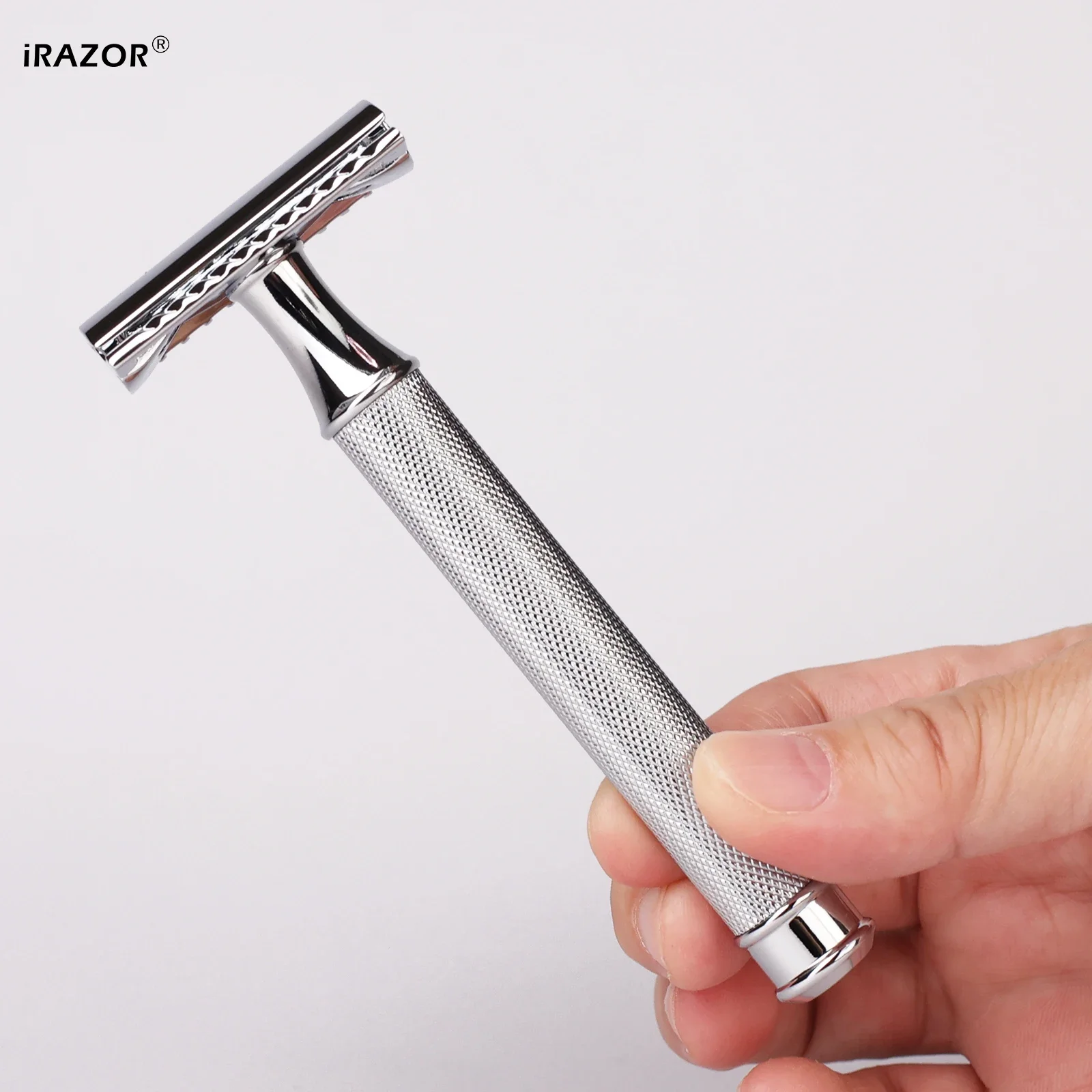 iRAZOR Silver Color Solid Brass Material DE Safety Razor for Men Classic Wet Shaving Tool Grooming Gift for Male