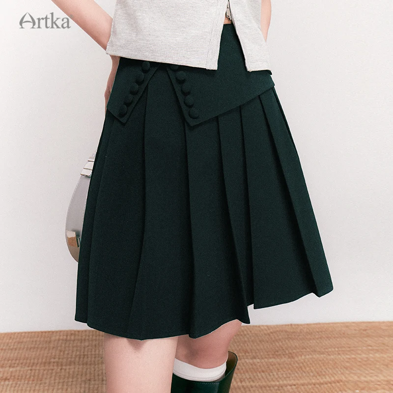 

ARTKA 2023 Summer New Women Skirt Fashion Casual High Waist A-Line Pleated Skirts Side Buckle Black Skirt Female QA92137C