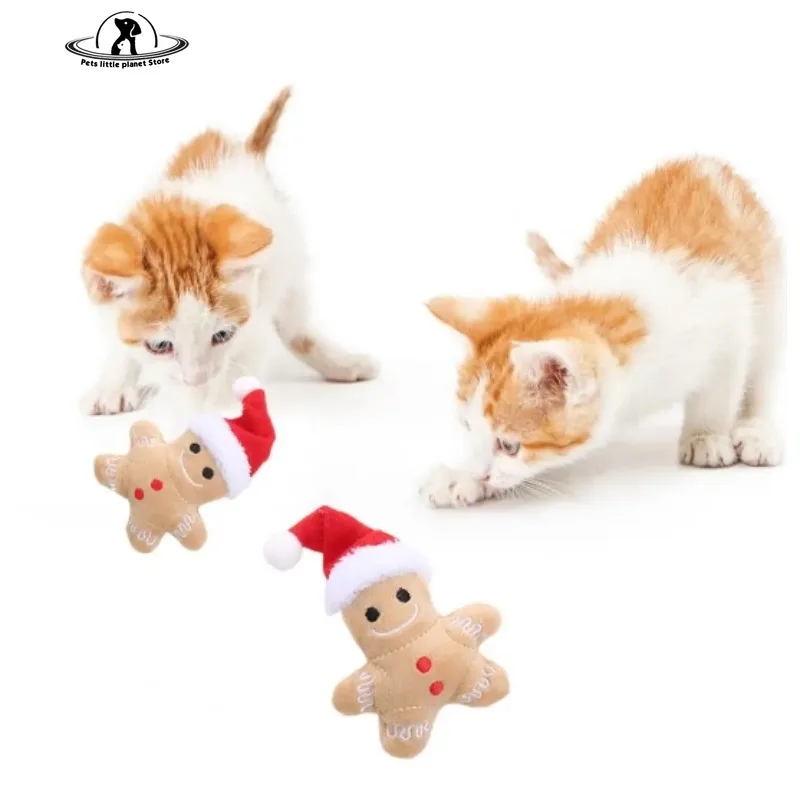 Christmas Cat Catnip Toys Plush Gingerbread Man Cat Chew Toy Bites Resistant Catnip Toys Teeth Cleaning Kitten Toys Christmas