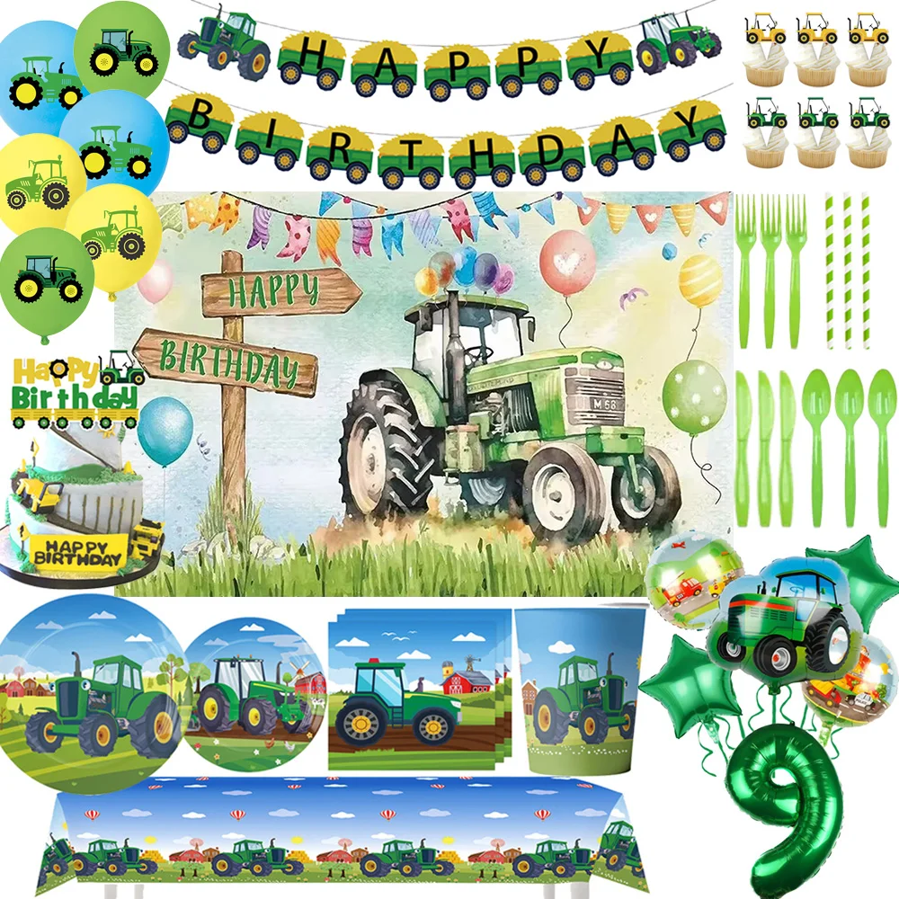Green Farm Tractor Birthday Party Decorations Disposable Plates Cups Balloon Set Excavator Vehicle Background Banner Kid Gifts