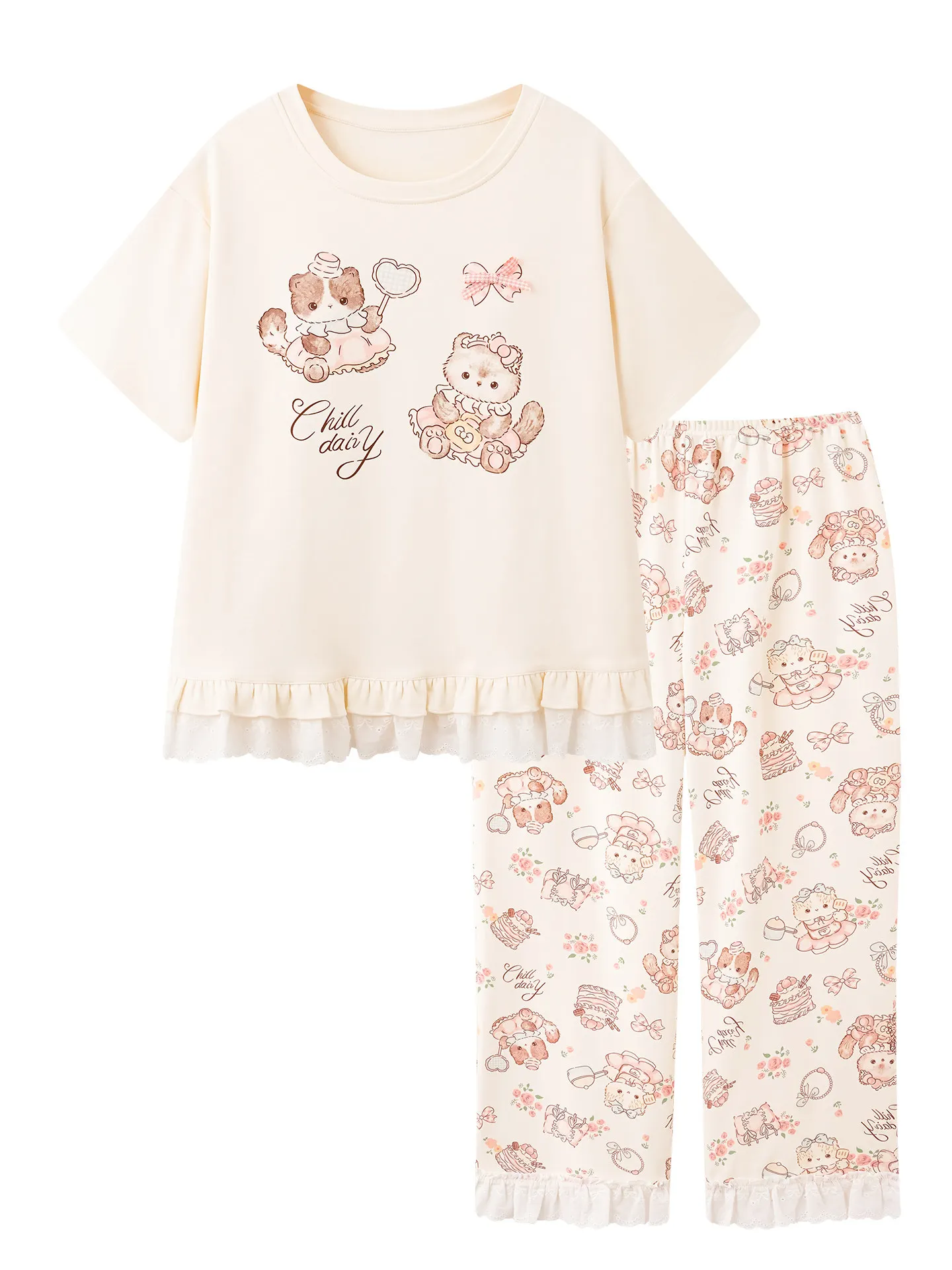 Cute Cartoon Cat Dessert Cotton Pajama Set Crew Neck Ruffle Hem Short Sleeve Long Pants Women Summer Breathable Loungewear view 6
