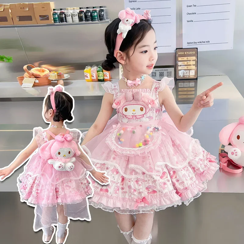 Sanrio Cosplay Mymelody Lolita Princess Dress Summer Children Costume Dress Puffy Skirt Suit Cute Girl Birthday Kawaii Gifts