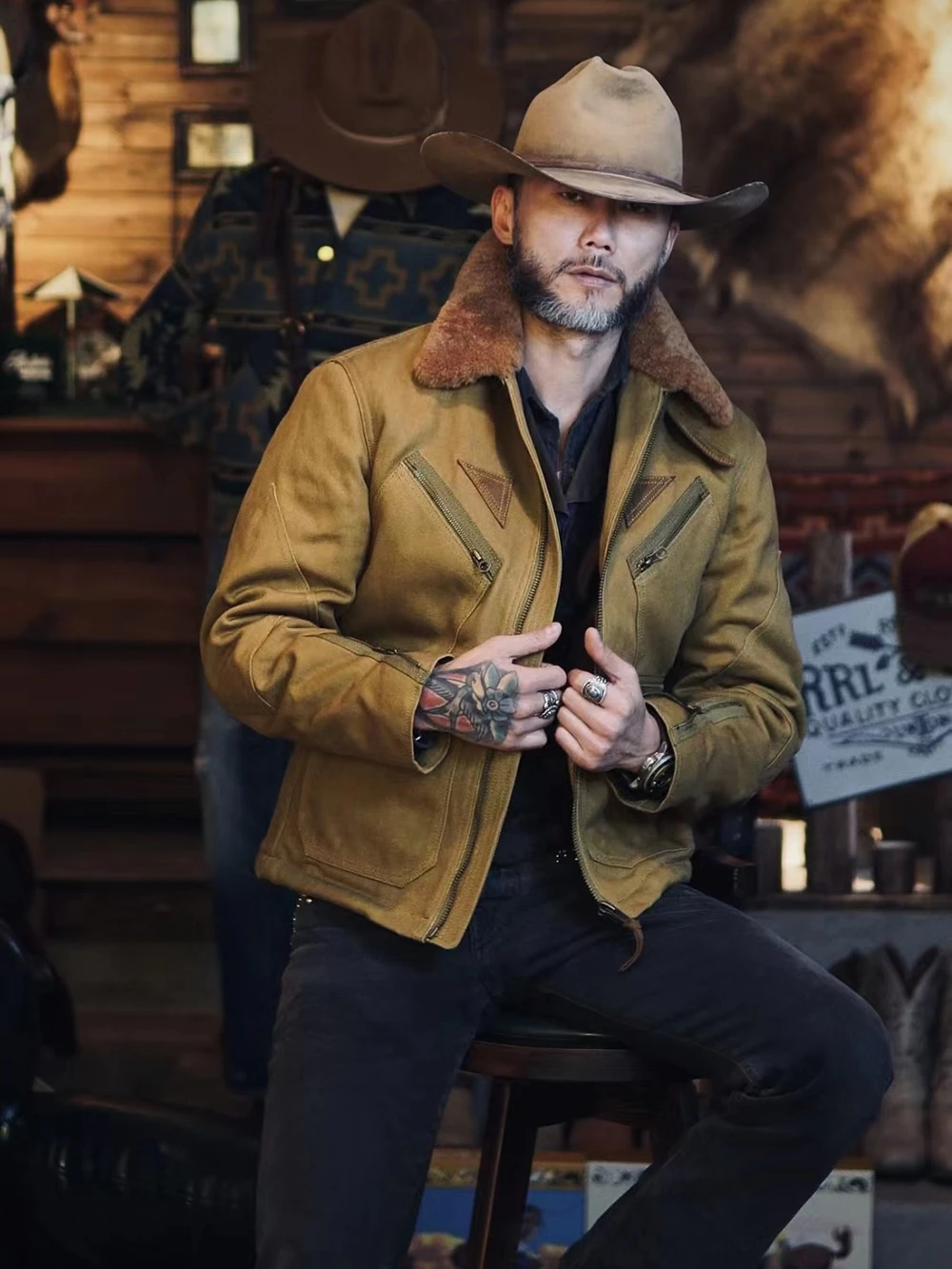 

American Vintage Military Style Oil Wax Canvas MarshallJacket Men's Heavyweight Lamb's Wool Lined Warm acket