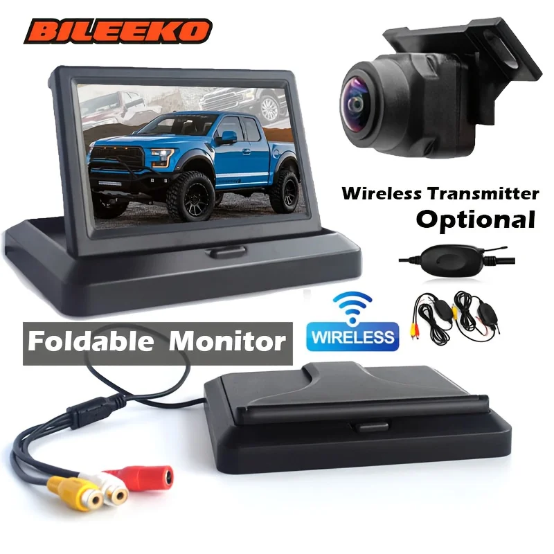 Bileeko Car Rear View Kit with 4.3 inch Foldable Monitor Backup Camera Wired RCA Video Cable/ Wireless Transmitter Optioanl-for