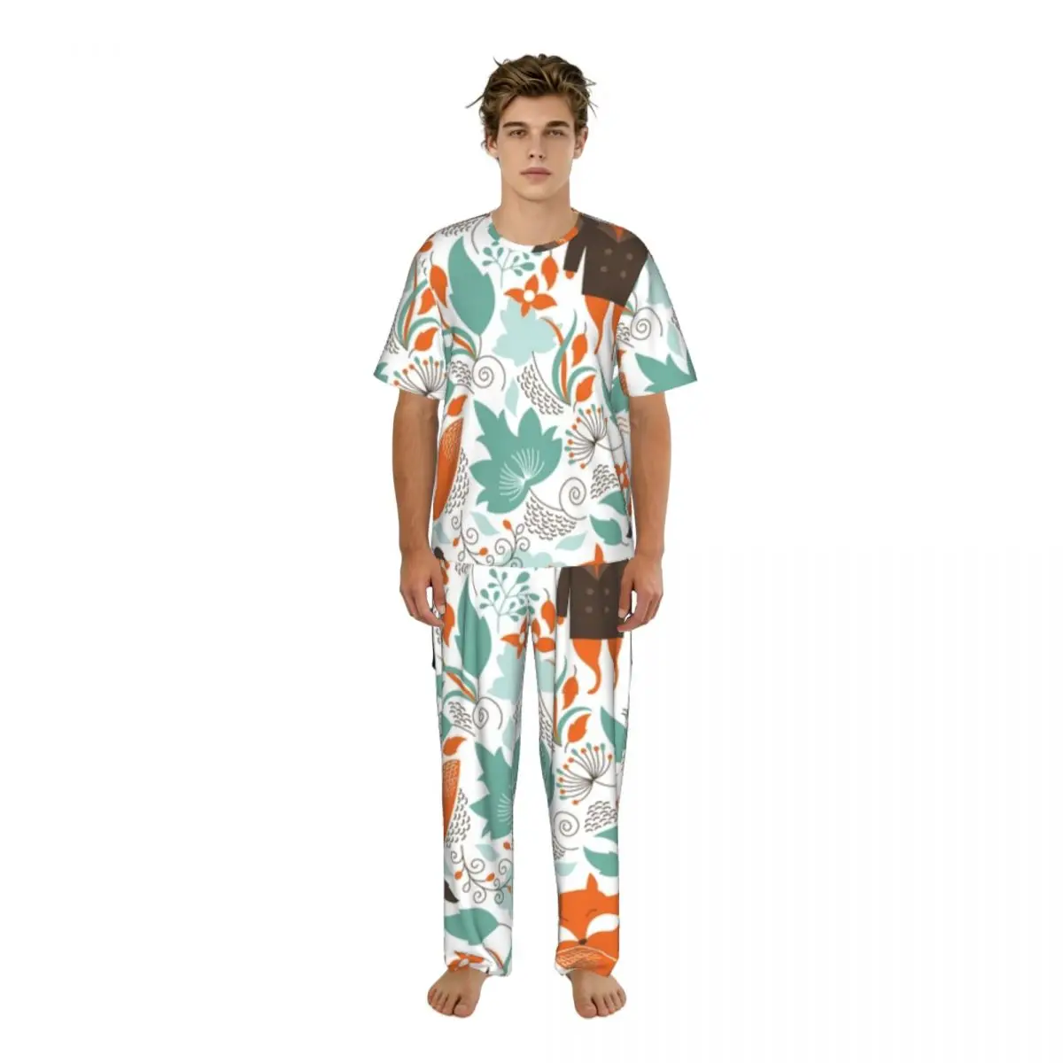 

Мужская пижама с коротким рукавом, комплект из двух предметов: брюки и футболка. Забавный домашний костюм с принтом лисы и опавших осенних листьев.