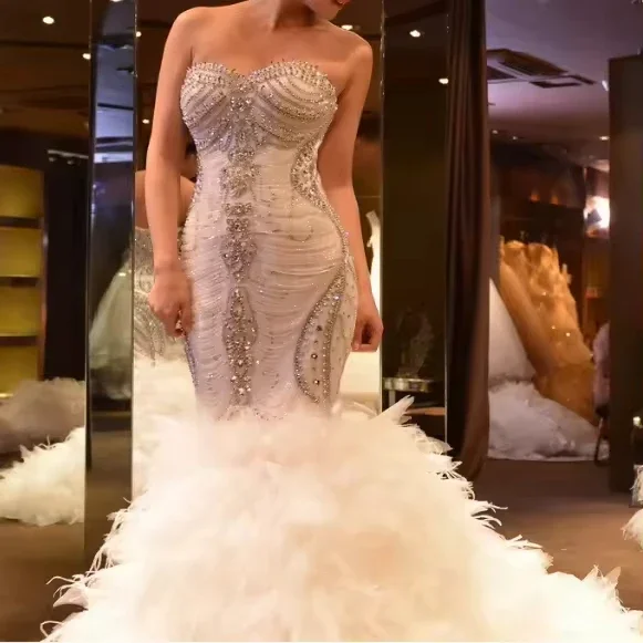 맞춤 제작 반짝이는 트렌디한 라인스톤 머메이드 스위트하트 웨딩드레스 화려한 피쉬테일 신부 드레스