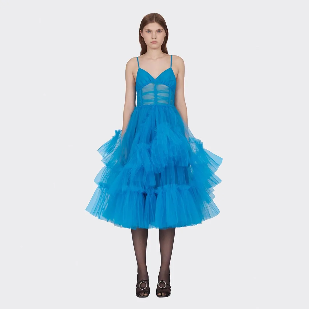 Blue Spaghetti Strap Tulle Summer Dress Pretty V Neck Ruffled Party Dresses See Thru Mesh Knee Length Summer Maxi Gowns Custom