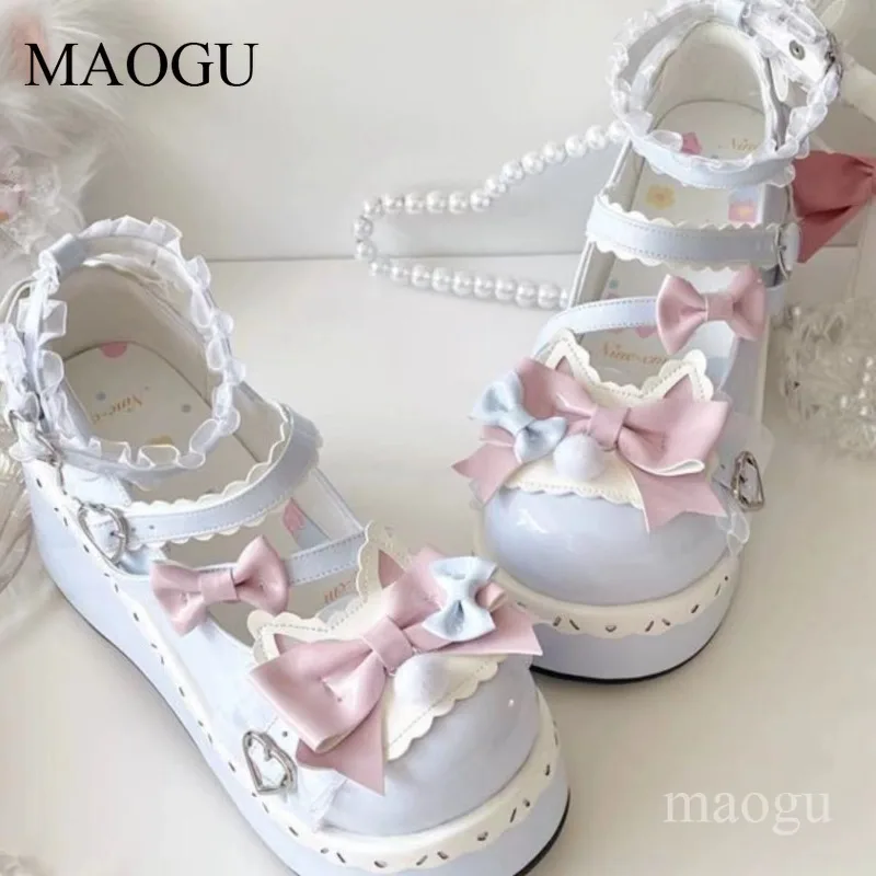 

Women's Kawaii Lolita Platform Mary Janes Sweet Bow Ankle Strap Wedge Shoes Cute Lace Ruffle Cosplay Pumps Zapatos Para Mujer