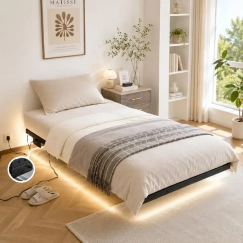 14 Inch Twin Floating Bed Frame Smart LED Lights and Charging Station, Single Platform Bed Foudation Base H No Box