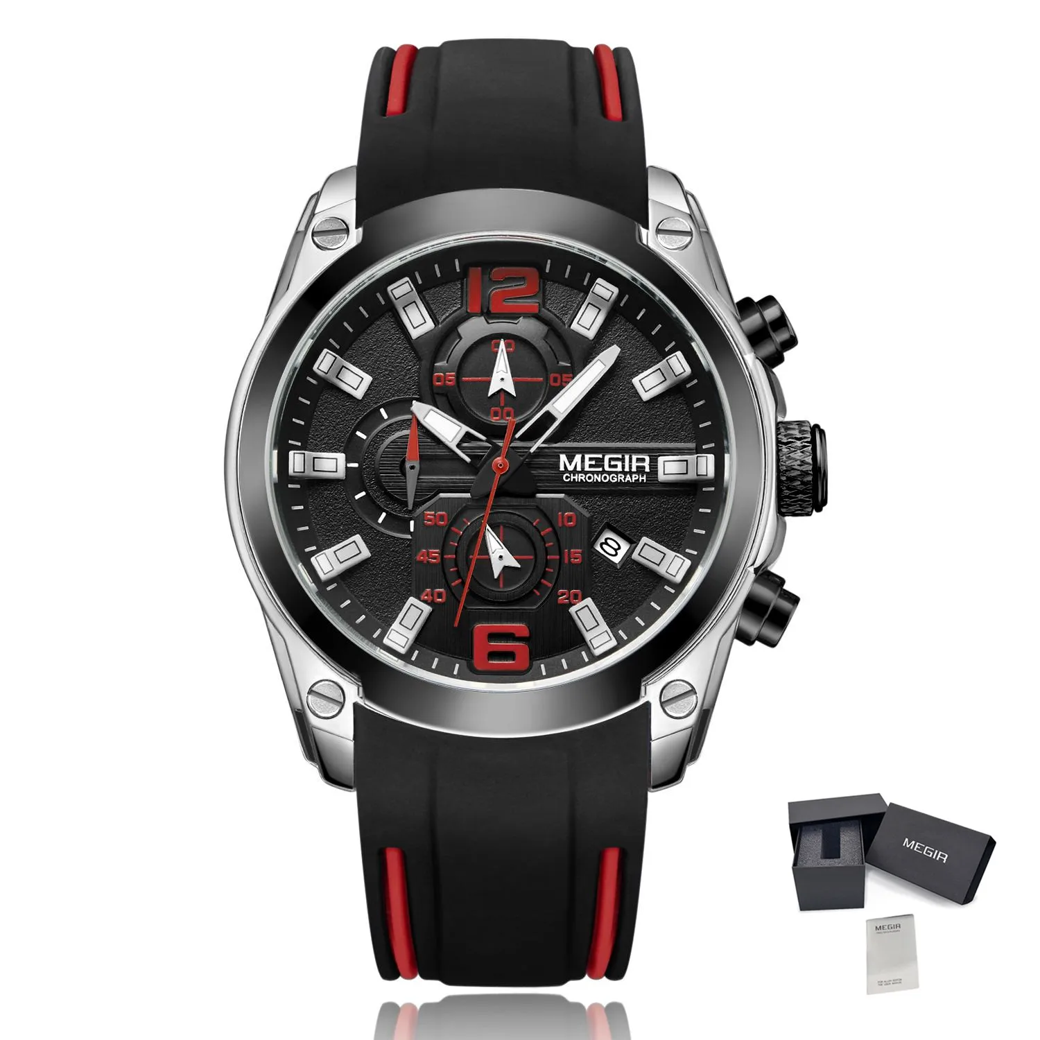 Megir 2063 Chronograph Analog Quartz Watch with Date, Luminous Hands, Waterproof Silicone Rubber Strap Stainless Steel  Wristswa