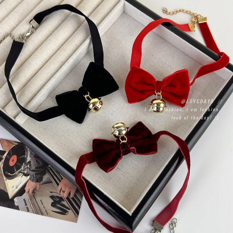 Velvet Bow Bell Choker Necklace for Women Wine Red Christmas Gift Dating Accessory Lightweight Hypoallergenic Daily