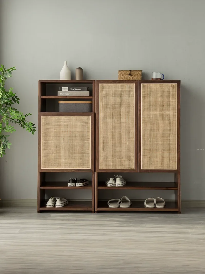 Japanese-style solid wood rattan shoe cabinet large-capacity household door porch cabinet small apartment foyer