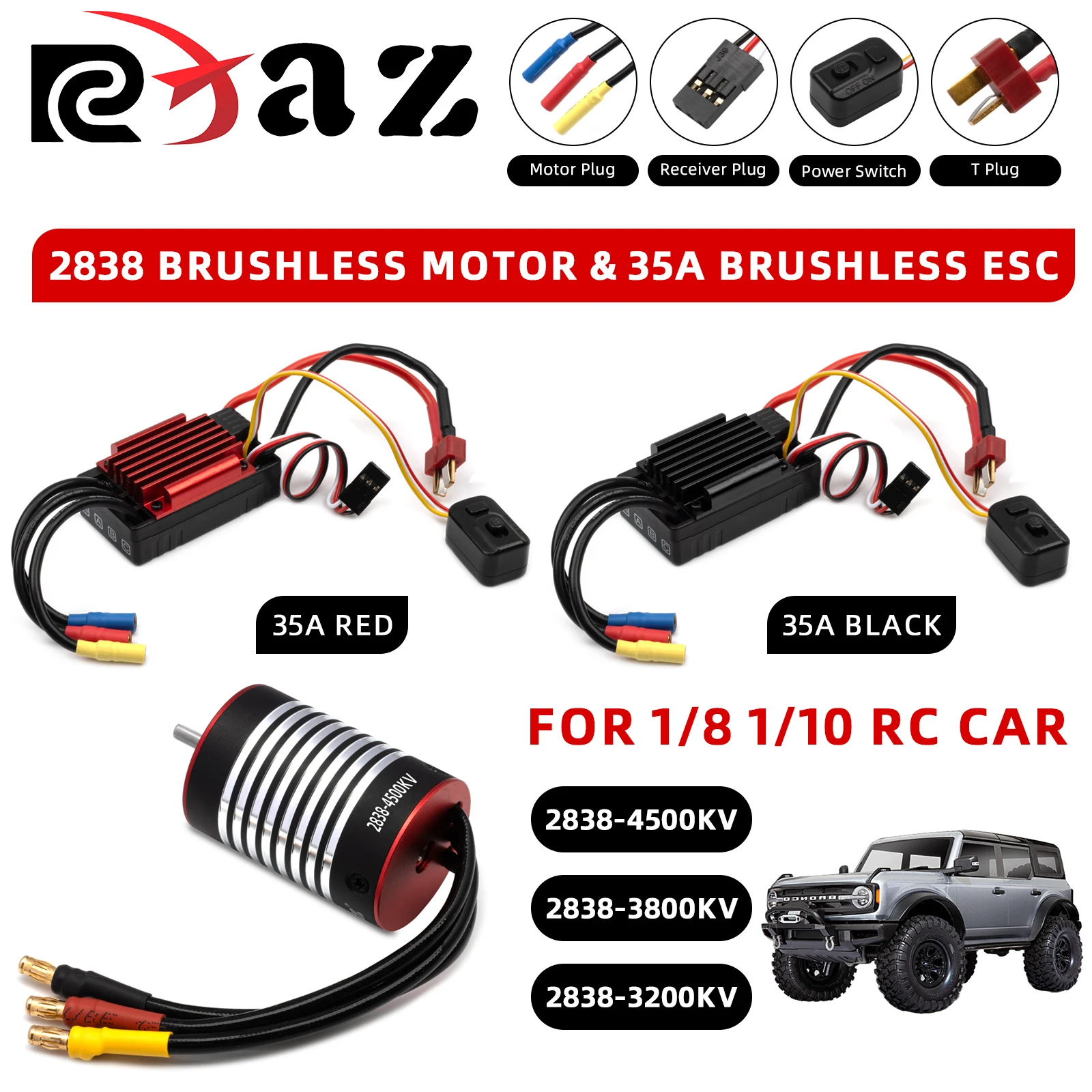 

RCXAZ RCXAZ Бесщеточный комбинированный регулятор 35A ESC с комбинированным двигателем 2838 для радиоуправляемых автомобилей 1/8 1/10 1/12