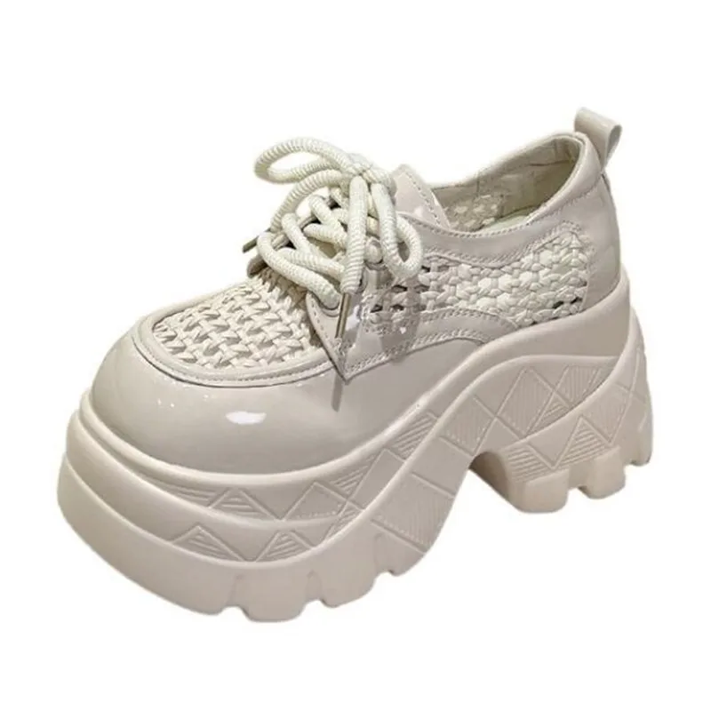 Women's Mesh Sneakers Summer New Thick Bottom Heightening Hollow Out Breathable Platform Shoes Small Size Lace-Up Casual Shoes