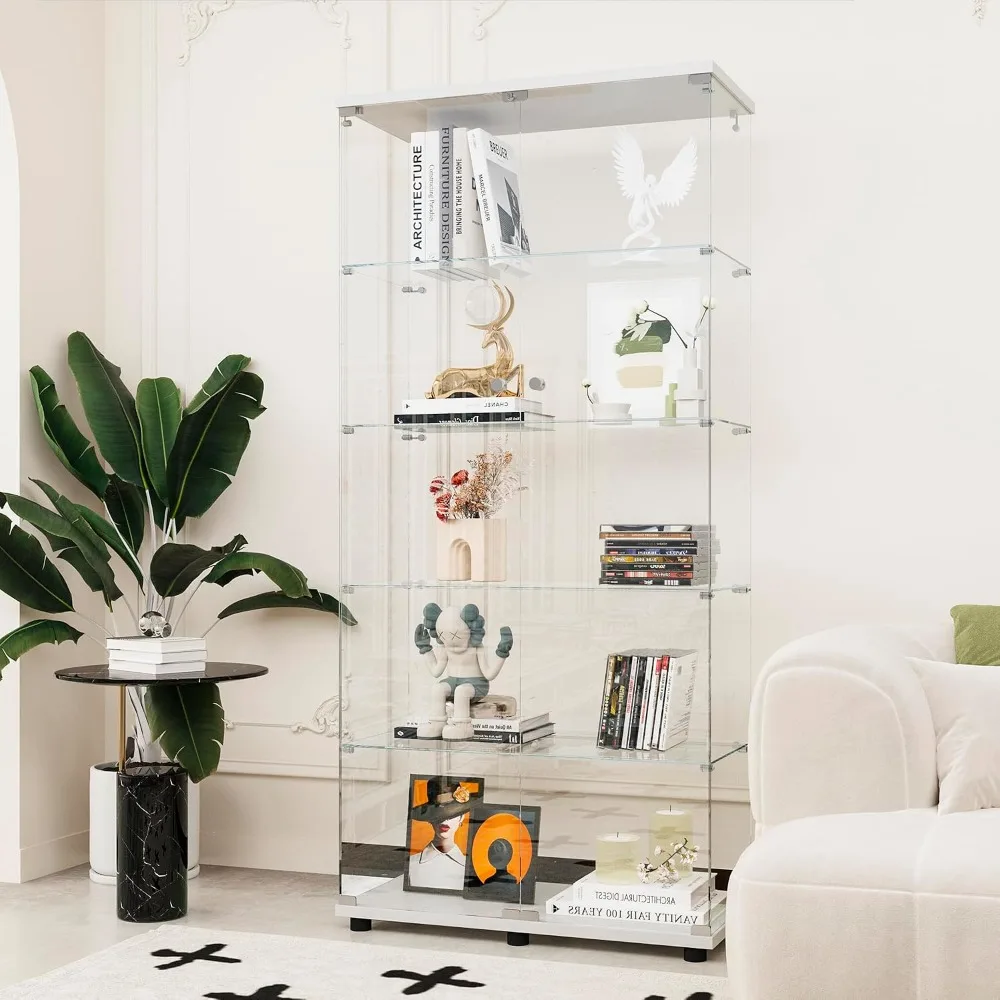 Curio Cabinet with Tempered Glass Doors 5-Shelf Double Door Display Cabinet White for Collectibles