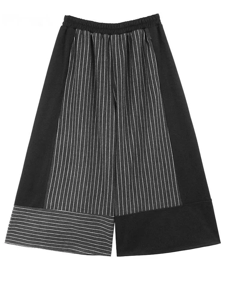 

High Elastic Waist Black Striped Long Pocket Wide Leg Pants New Trousers Women Fashion Tide Spring Autumn X700