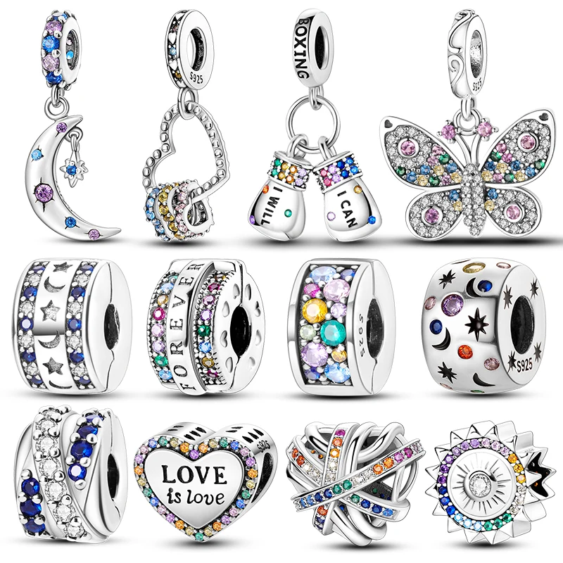 

Fit Pandora 925 Original Bracelet 100% 925 Sterling Silver Shining Colorful Zircon Heart Charms Beads Exquisite DIY Jewelry Gift