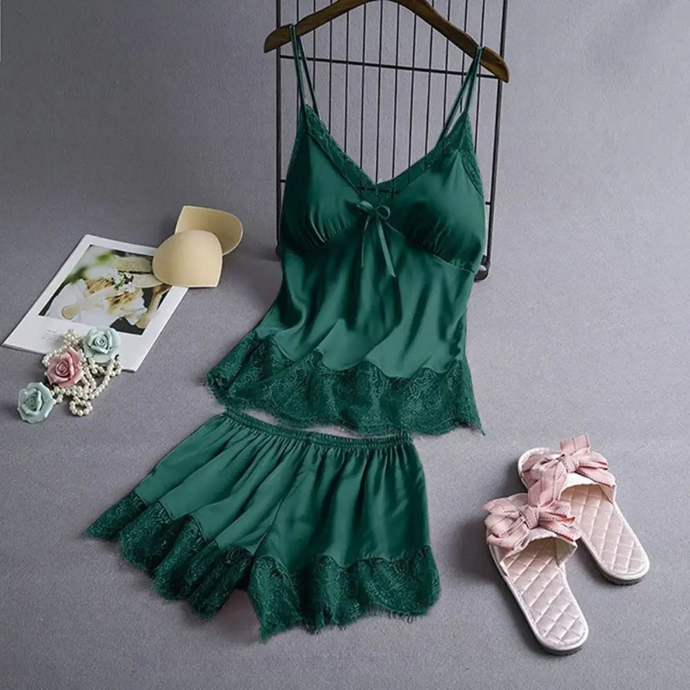 Fashion Satin Silk Lace Sling Pajamas Set Thin Bowknot Two Pieces Nightwear Home Wear Sleeveless Pajamas for Women Women