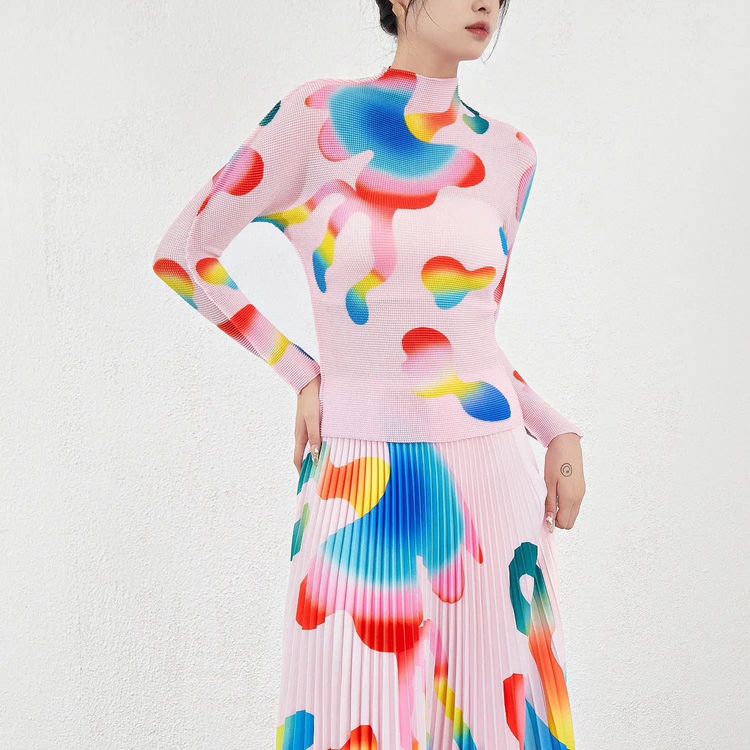 2025 Women High-Quality Spring and Autumn Casual Fashion Set Two-Piece Miyake Pleated Floral Print Women's Skirt Set