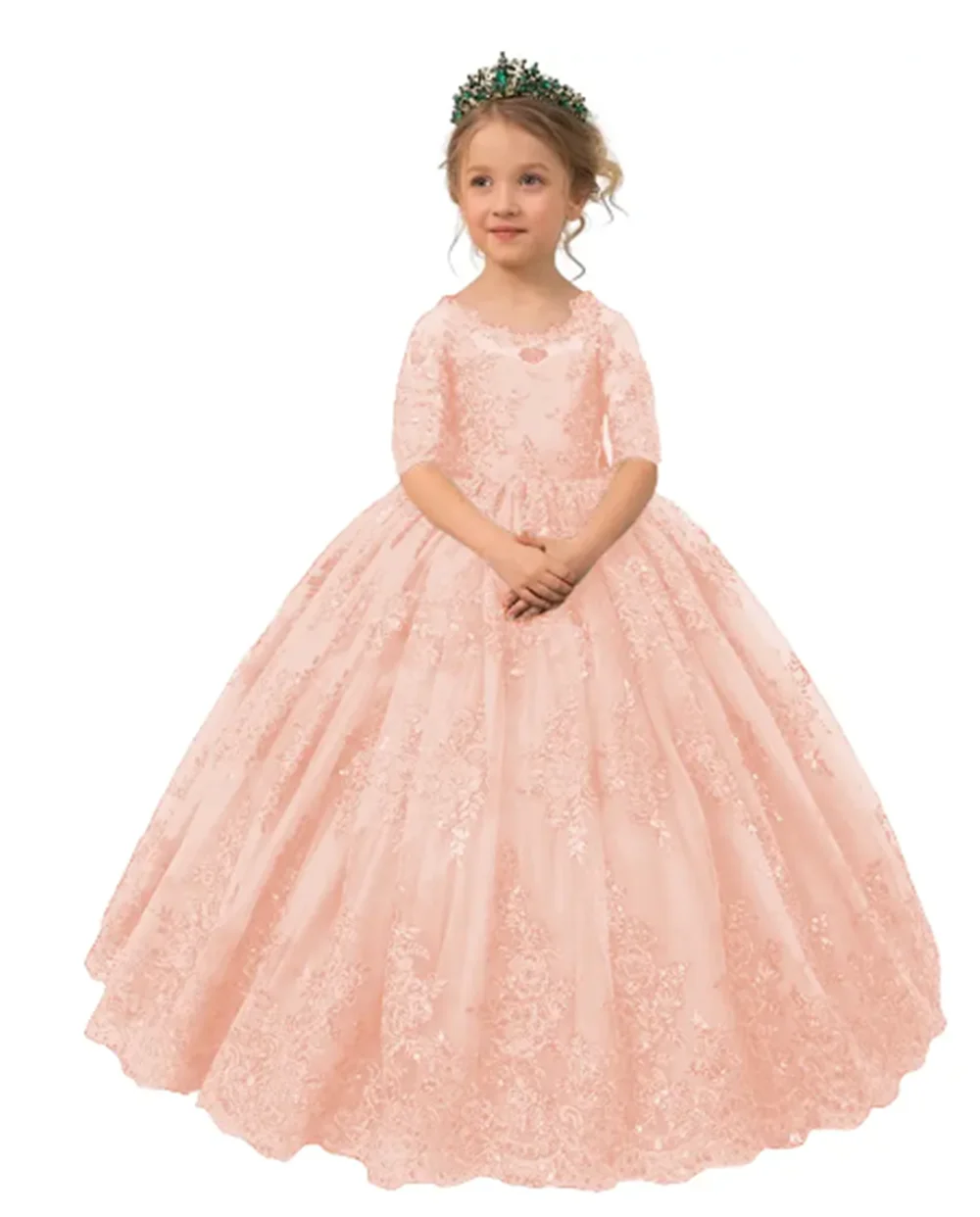 فساتين فتاة الزهور طويلة باللون الأحمر الزمردي مزينة بفيونكة تول نصف كم لحفلات الزفاف وحفلات أعياد الميلاد