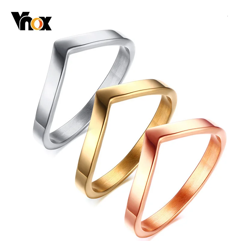 Vnox Women Simple V Shaped  Rings for Party Jewelry,Gold Rose Gold Color Stainless Steel Geometric Ring Gifts for Female