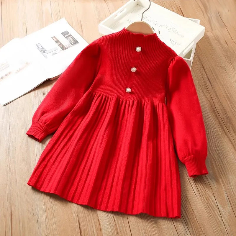 2023 Winter Warm 3 4 5 6 7 8 9 10 12 Years Children‘s Christmas New Year Birthday Princess Red Knitted Dress For Baby Kids Girls