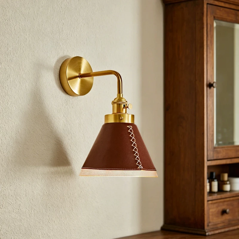 Handmade Leather Lampshade Wall Lamps French Retro Art LED Wall Sconces Bedroom Bedhead Living Room Background Lighting Fixtures
