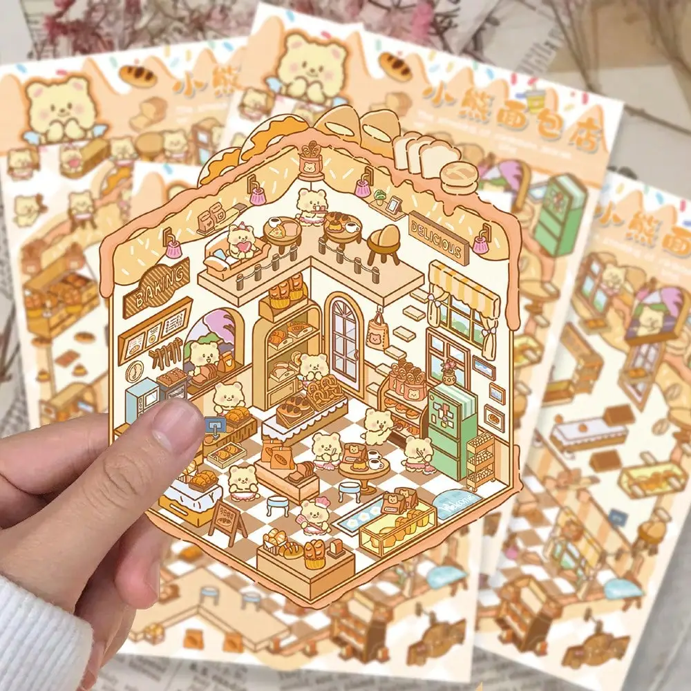 2 Sheets Bear Bakery Diorama Stickers Perspective Layered DIY Stress Relief Craft Stickers
