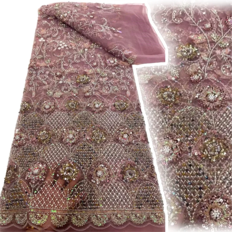 

Розовая роскошная кружевная ткань с африканскими бусинами, 2022, высокое качество, французская кружевная ткань с вышивкой жениха и блестками для рождественского шитья CC1343