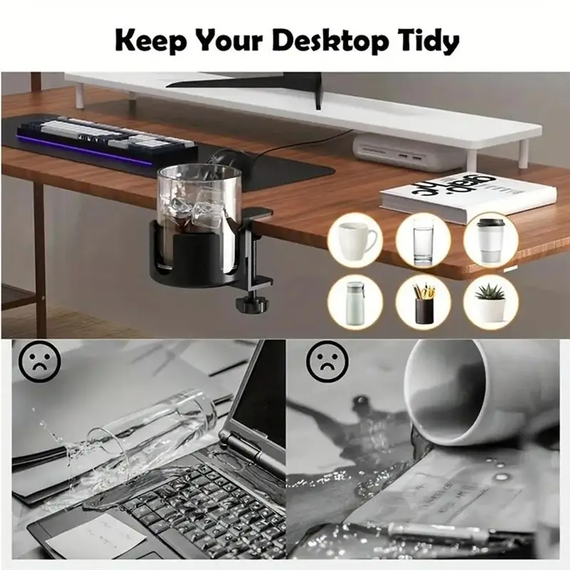 SEWS-Table Cup Holder Strong Detachable Clip On Drink Holder Clamp Desk Organizer Deskside Bottle Holder For Dining Room