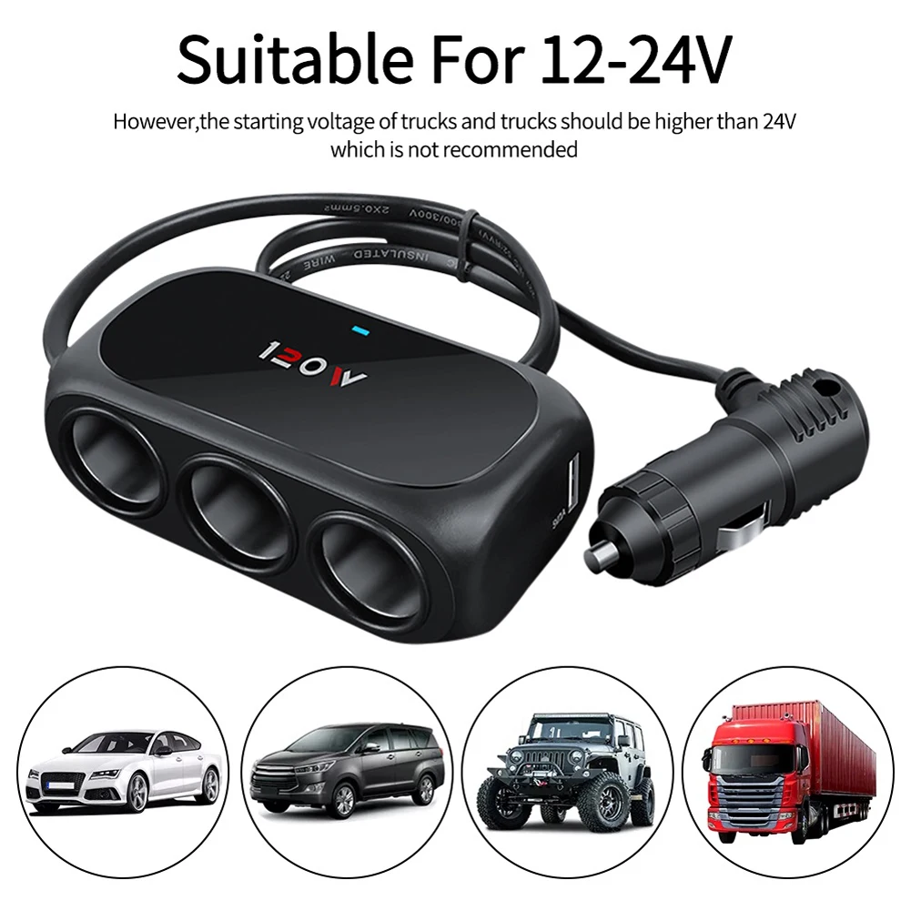 3 Socket Car Cigarette Lighter Splitter Dual USB LED Car Fast Charger 120W 12V 24V Car Charger Adapter for iPhone IPad Dashcam