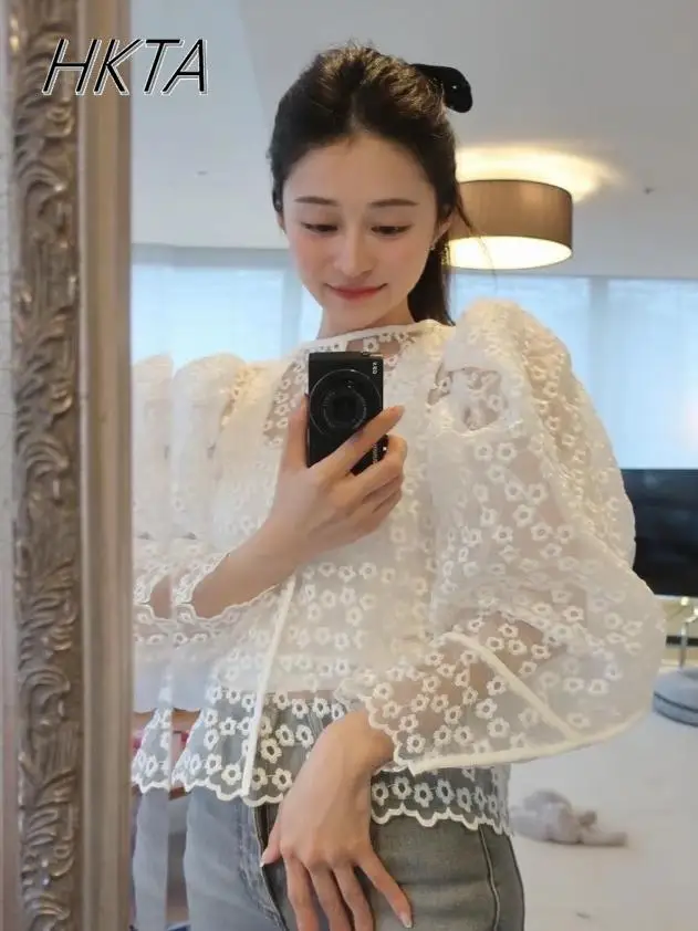 

Original Japanese Designer Embroidery Small Flower White Shirt Women Versatile Long Sleeve Shirts Transparent Blouse Summer New