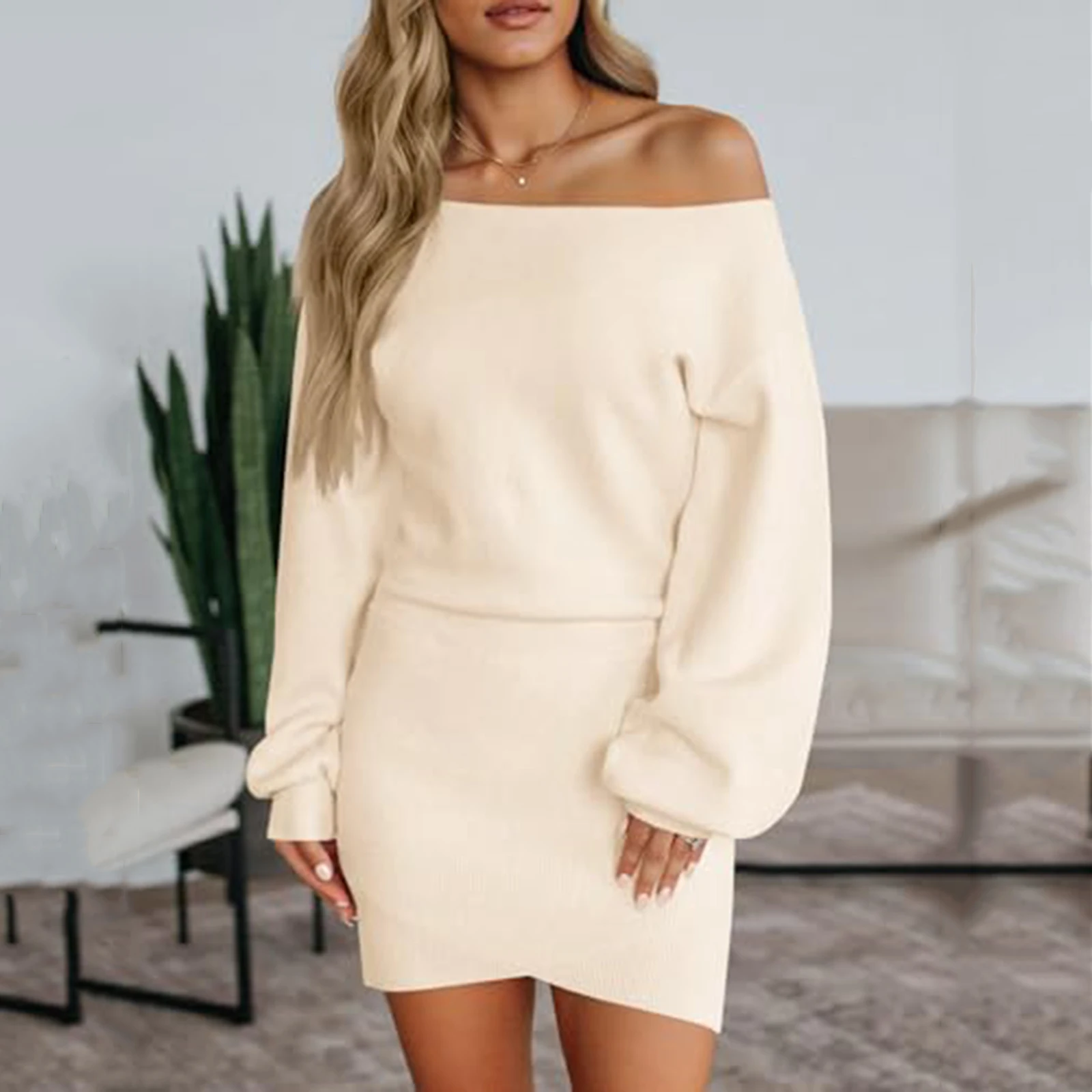 Vestido de moda feminina casual fora do ombro camisola vestido manga longa malha cor sólida vestido outono e inverno vestidos