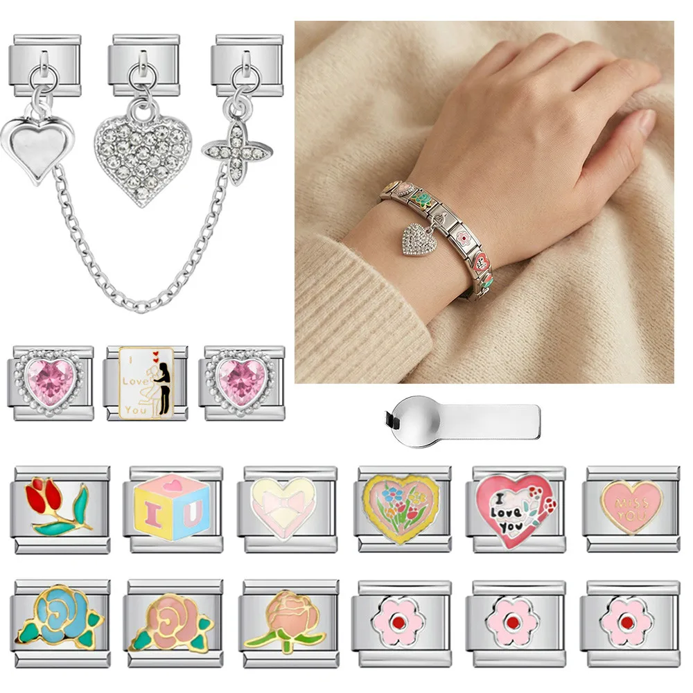 GEMOSA 9mm Italian Stainless Steel Charm Jewelry Trendy Wedding Flower Cross Heart Tool Combination Set 18pcs Pack DIY Bracelets