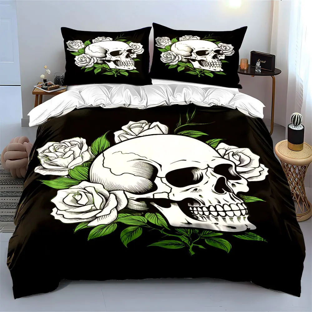 Skull and Roses Black Background Bedding Set Print Bedding Set 1 Duvet Cover 2 Pillowcases for Adult and Children Luxury Gift