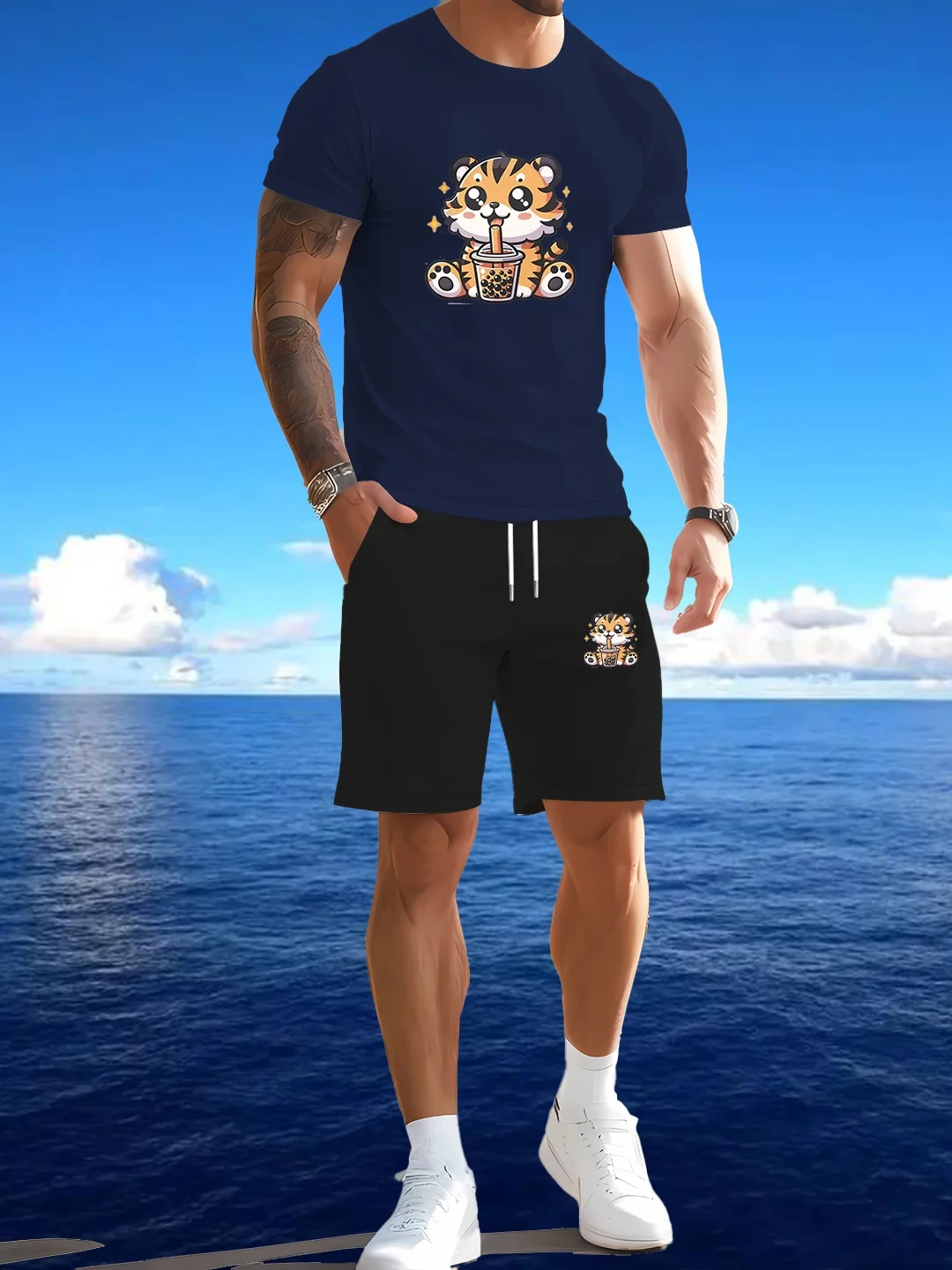 طقم صيفي جديد مطبوع للرجال كاجوال رياضي بأكمام قصيرة مكون من قطعتين #4