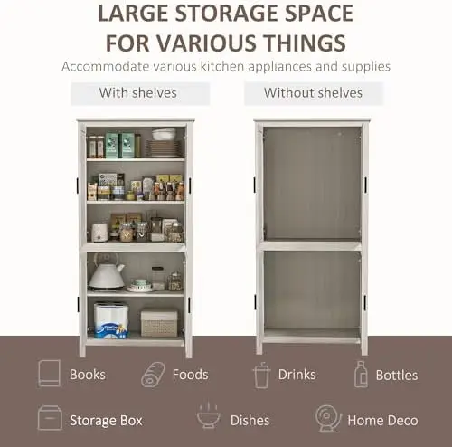 64' Kitchen Pantry Cabinet, Freestanding with 4 Doors, 3 Adjustable Shelves, Antique White