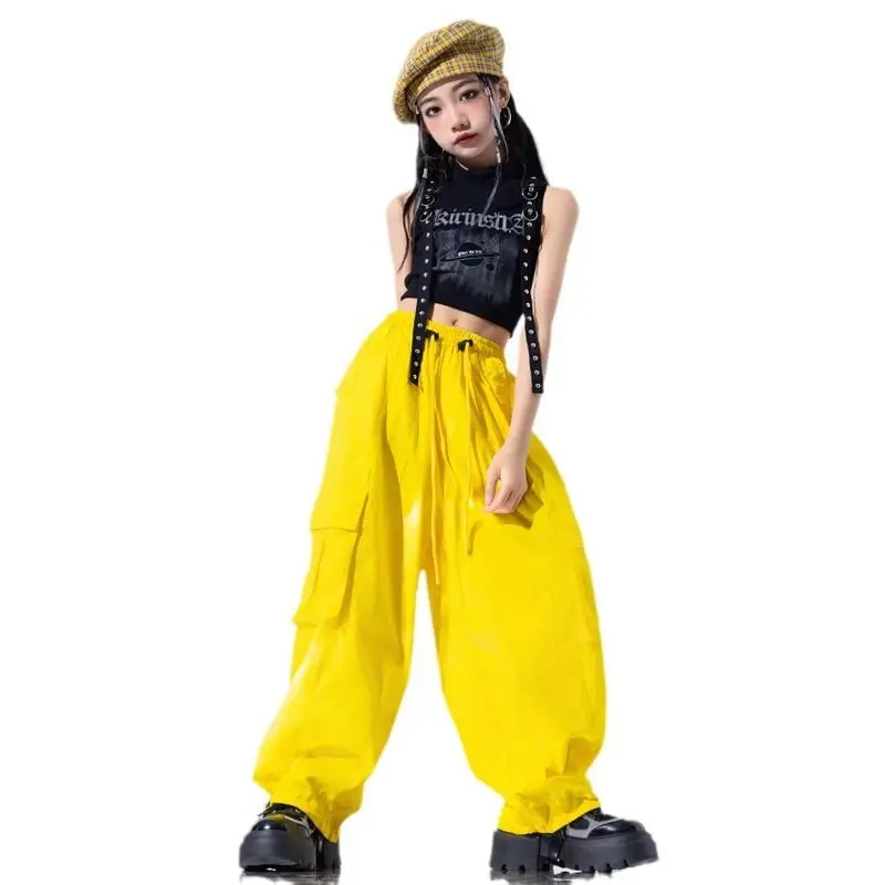 

2024 Kids Jazz Dance Clothes Girls Navel Tops Yellow Pants Loose Hip Hop Clothing Loose Street Dance Performance Costume