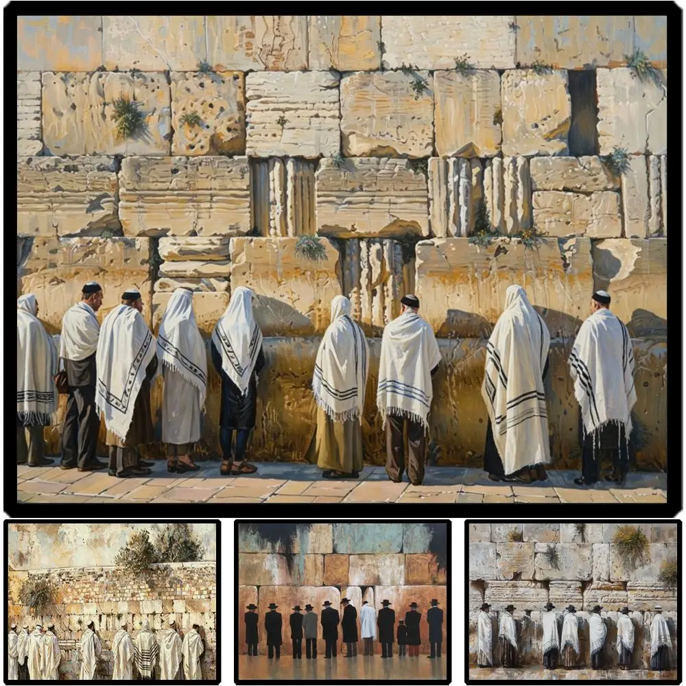 Oversized Canvas Prints HD Jerusalem Kotel Abstract Warm Gold Praying Men in Tallit Jewish Decor for Contemporary Living Room