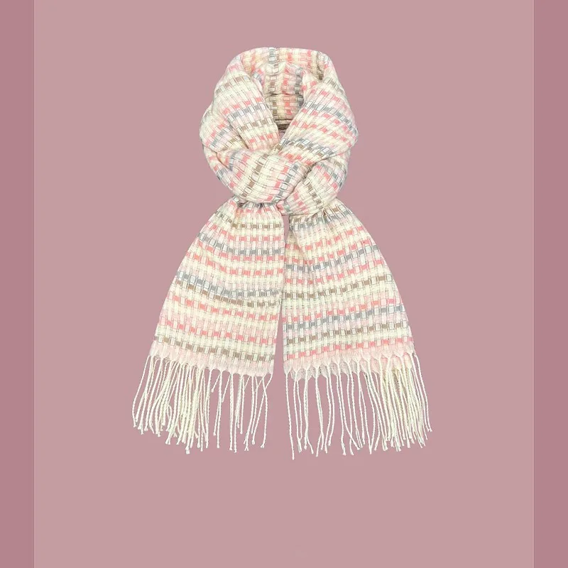 

New Light Pink Small Check Faux Cashmere Fringe Scarf Women Japanese Style Winter Soft Shawl Warm Hijab Cute Student Neck Warmer