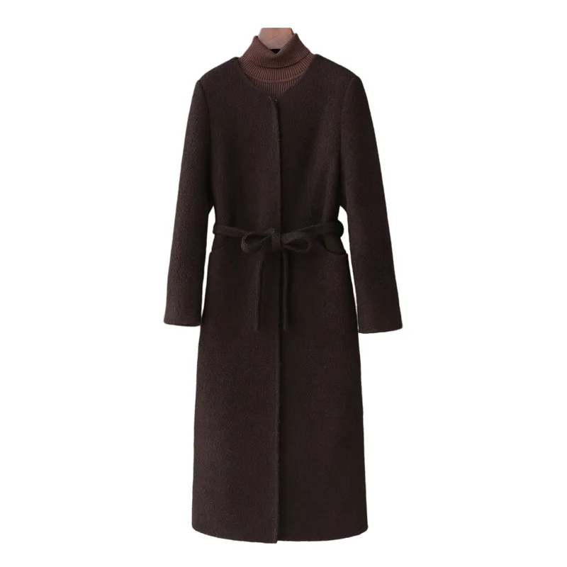 

Новинка весны 2023, 5%, верблюжий флис, 95% шерсть, двустороннее длинное пальто, женская облегающая шерстяная куртка