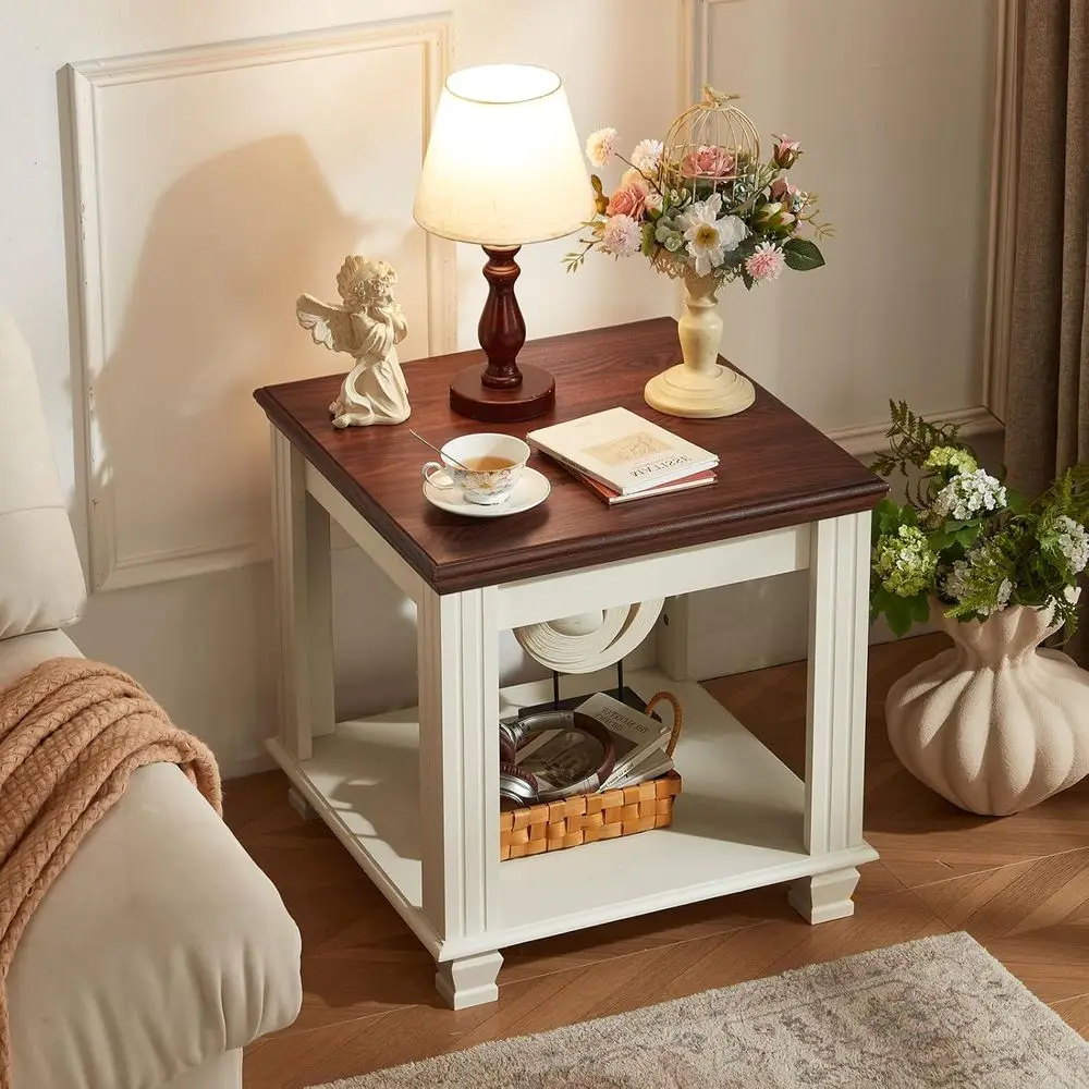 

armhouse End Table with 2-Tier Storage Shel, Large Square Side Table with 4 Solid Wood Square Legs, Small Coee Table or Living R