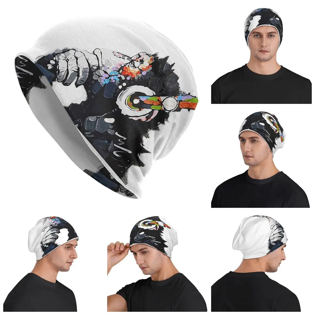 

Banksy DJ Monkey Thinker With Headphones White Warm Knitted Cap Fashion Bonnet Hat Autumn Beanies Hats for Men Women Adult