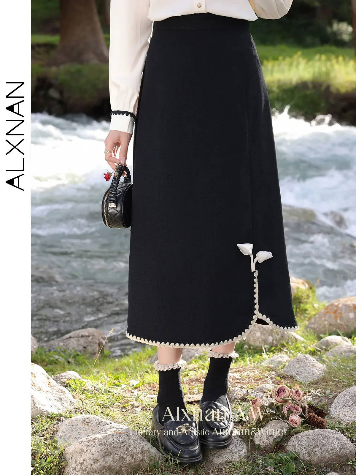 ALXNAN Women's Vintage Black Skirts A-line Three-dimensional Tulip 2024 Autumn All-match Commuter Skirt Lady Clothing L39230BSQ